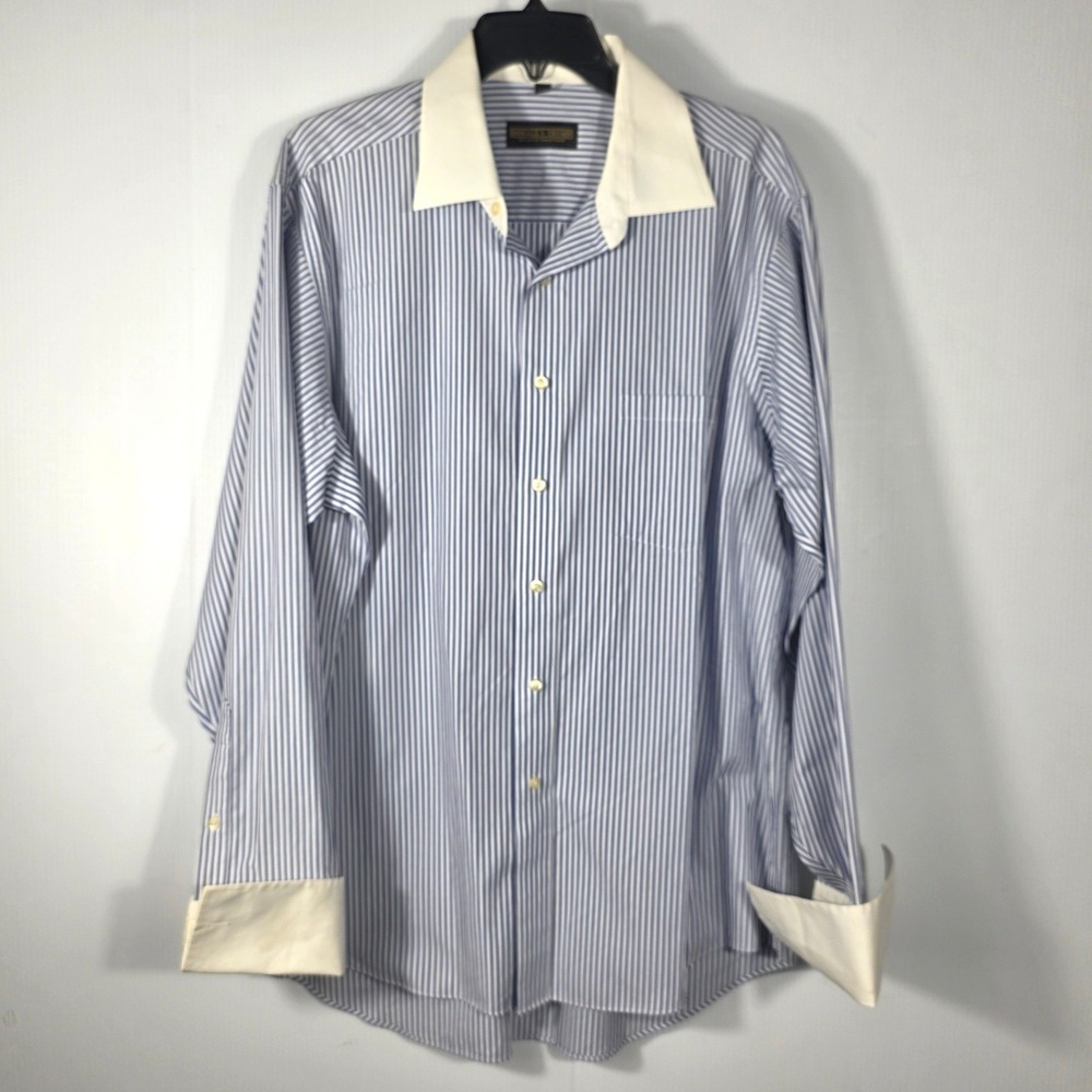 Donald J Trump Signature Collection Blue White Striped French Cuff Dress Shirt